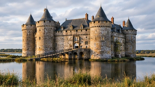 Le château de Suscinio entouré de ses douves et des marais de la presqu'île de Rhuys